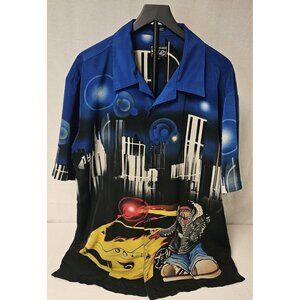 Y2K K.A.D Car Rave Button Down Short Sleeve Shirt Blue & Black Size Large